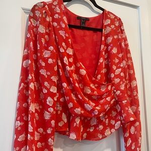 Red Floral Long Sleeve Chic Blouse Large